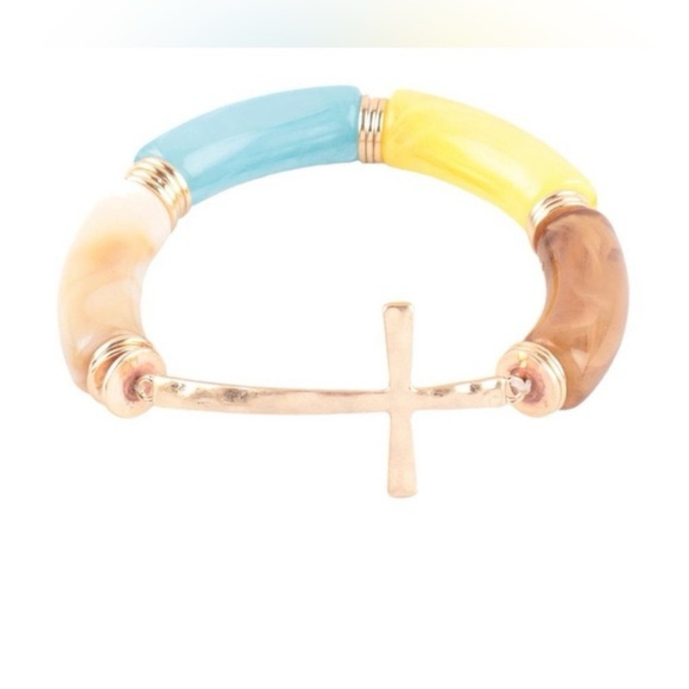 Golden Cross Charm Bracelet with 4 colorful acrylic bars, NEW✔️